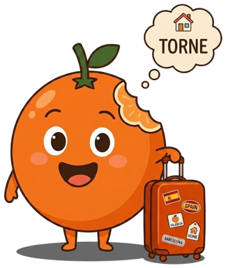 Ilustracion de una naranja con maleta viajera, pegatinas de Valencia y Barcelona y pensamiento de volver a casa.