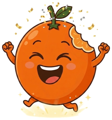 Ilustracion de una naranja celebrando con confeti dorado tras un cambio definitivo de destino.