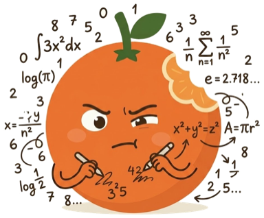 Ilustracion de una naranja rodeada de formulas matematicas, metafora del baremo.