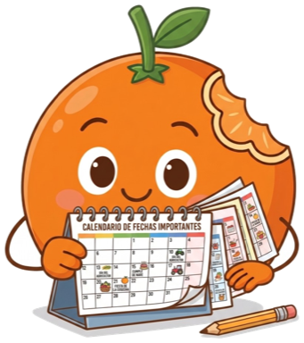 Ilustracion de una naranja sosteniendo un calendario titulado fechas importantes del proceso.