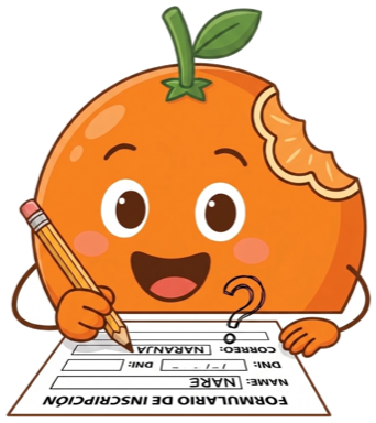 Ilustracion de una naranja rellenando un formulario de inscripcion con lapiz.