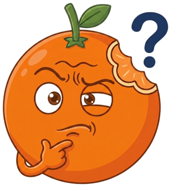 Ilustracion de una naranja pensativa junto a un signo de interrogacion.